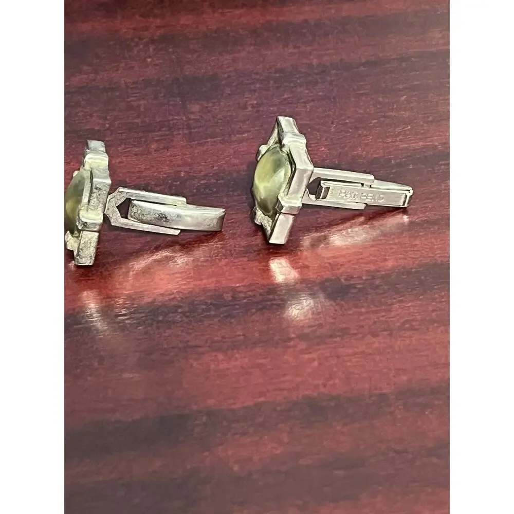 VTG MCM Brutalist Silver Tone Cufflinks Olive Gray Cabachon Whimsygoth Goth